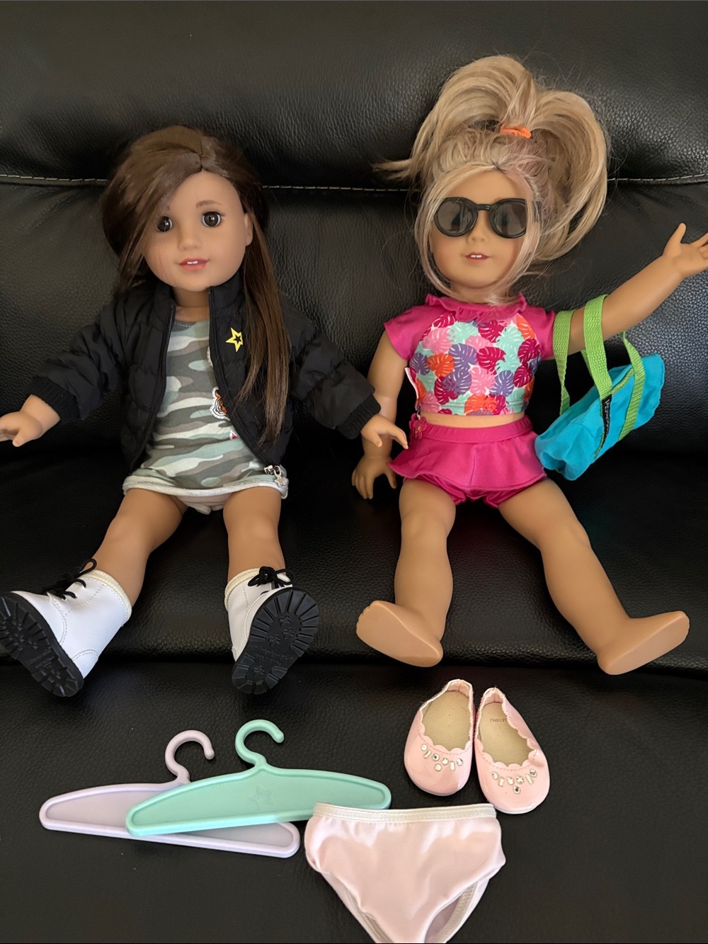 2 American Girl Dolls Set with Pink Swim Outfit, Turquoise Bag and pink shoes